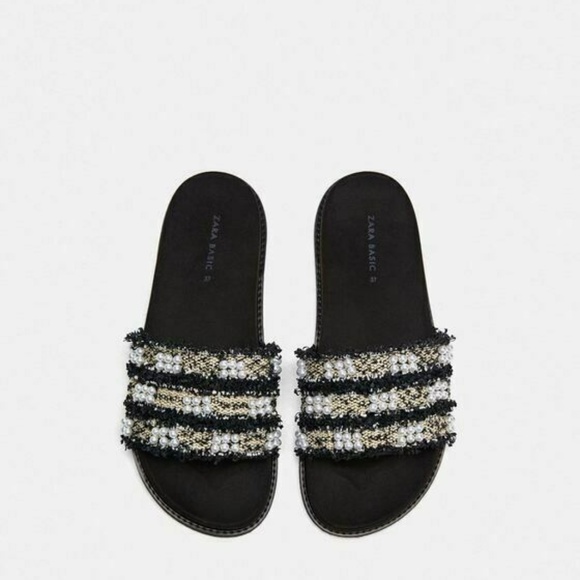 Zara Shoes - Zara Black Tweed Fabric Slip-On Sandal Slides